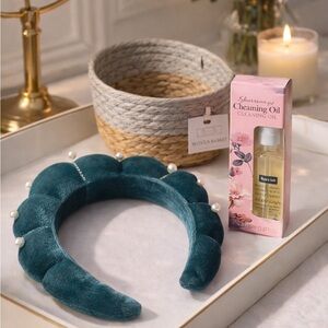 🫖🍵 Self care Kit Teal Velvet Headband wit Pearls with basket and jojoba rose oil